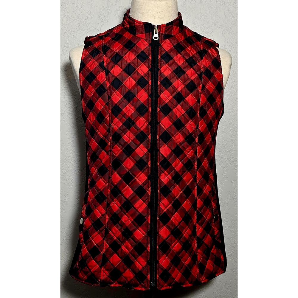 Kim Rogers Women’s Quilted Vest Red & Black Plaid Sleeveless Zip Jacket – Size M